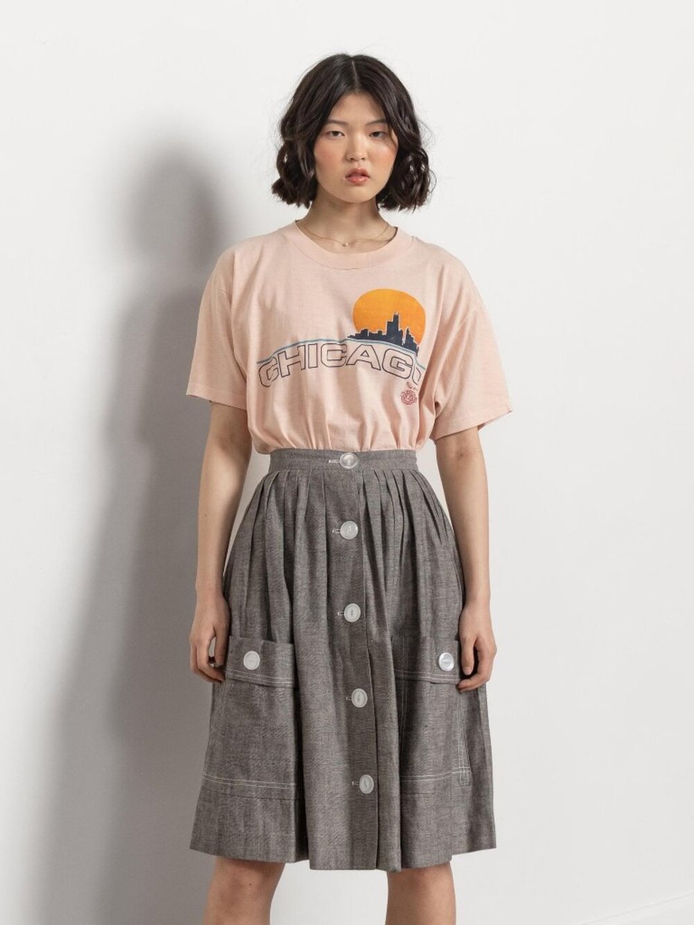 Vintage Grey Severe Pleated Skirt Linen Knee Length Xs / 24 Inch Waist